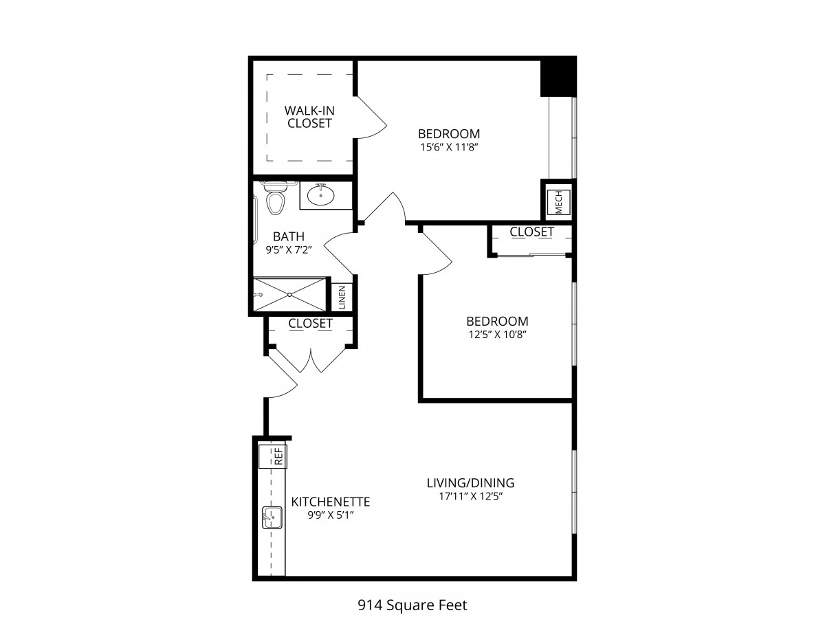 Floor plan of a two-bedroom apartment with designated living, dining, and kitchen areas.