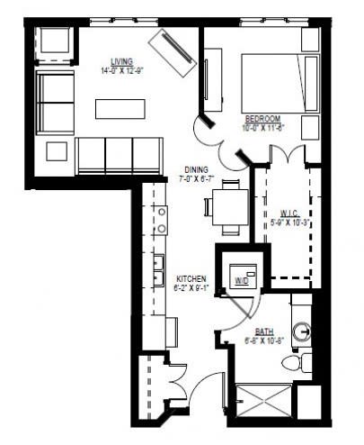 A detailed floor plan of an apartment showing the layout of rooms including living area, kitchen, bedroom, and bathroom.