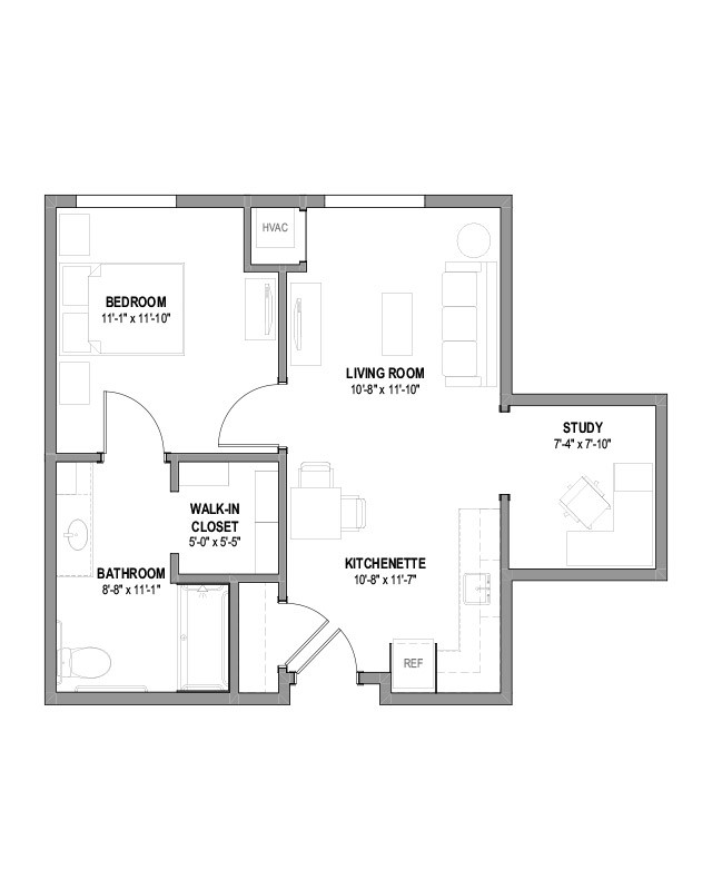 A floor plan showing the layout of a one-bedroom apartment with labeled rooms.