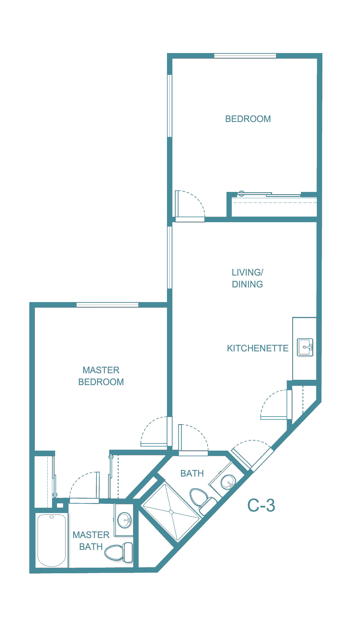 A floor plan of an apartment showing a master bedroom, living/dining area, kitchenette, and bathroom.