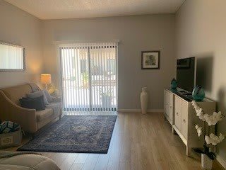 A cozy living room with a sofa, rug, and a TV stand near sliding glass doors.