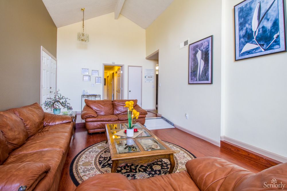 A cozy living room featuring leather sofas, a coffee table with a decorative rug, and artwork on the walls.