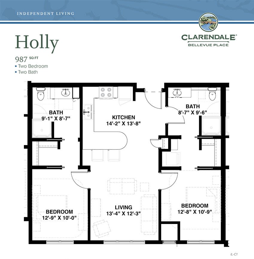 A floor plan for a two-bedroom, two-bathroom apartment from Clarendale Residences called 'Holly'.