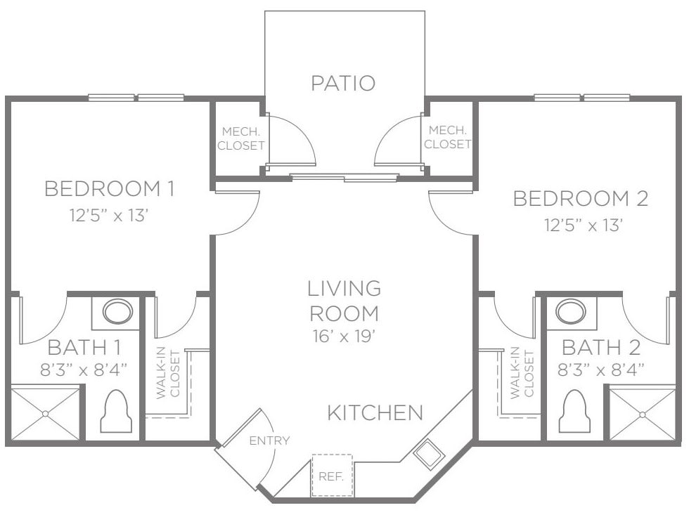 Two-bedroom apartment floor plan with living room, kitchen, bathrooms, and patio.