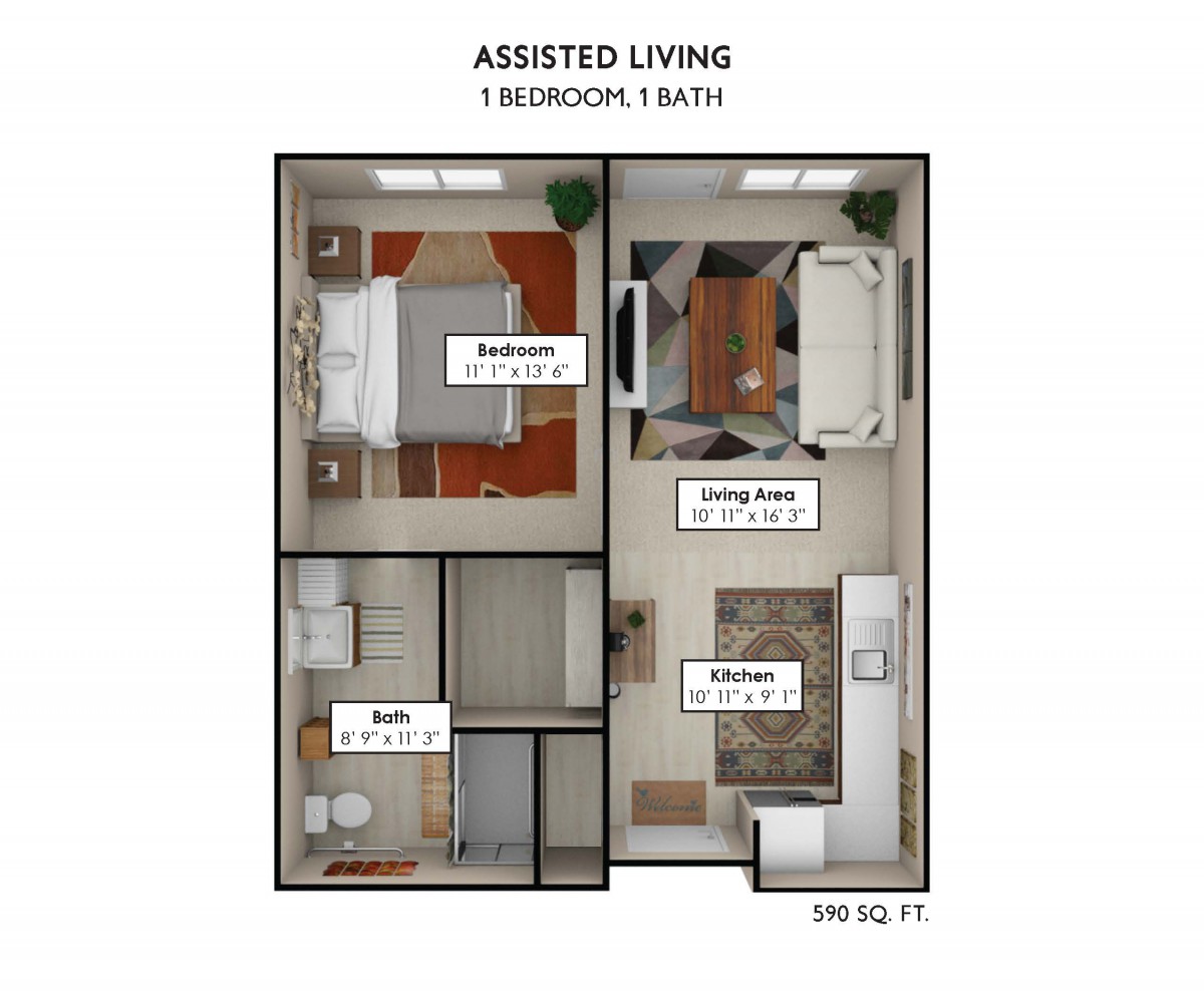 Floor plan of an assisted living unit with one bedroom, a bathroom, living room, and kitchenette.