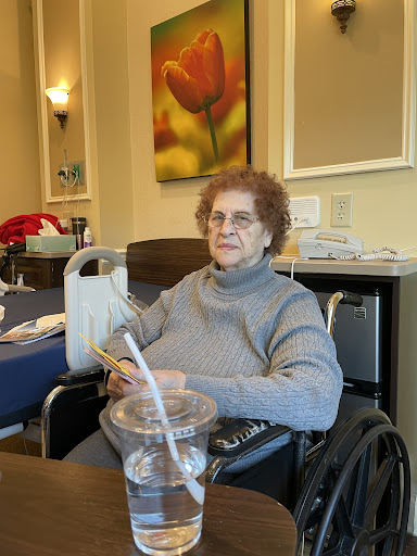 An elderly woman sitting in a wheelchair in a comfortable indoor setting.