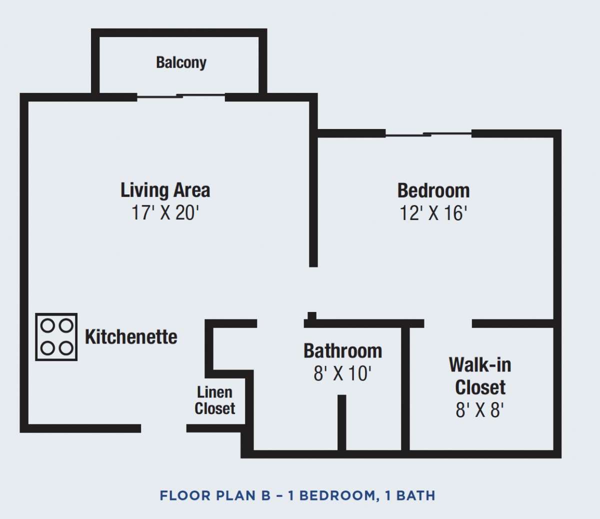 One-bedroom apartment floor plan with living area, kitchenette, bathroom, walk-in closet, and balcony.