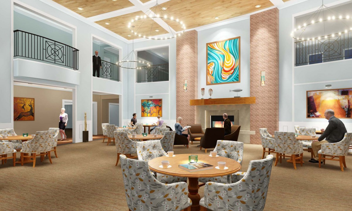 A modern and spacious lounge area featuring elegant furniture, vibrant artwork, and a cozy fireplace.
