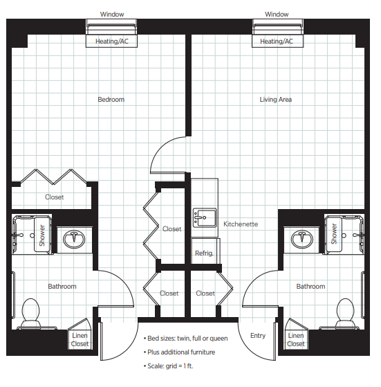 This image shows a detailed floor plan of an apartment, featuring two units with separate bedrooms, bathrooms, and living areas.