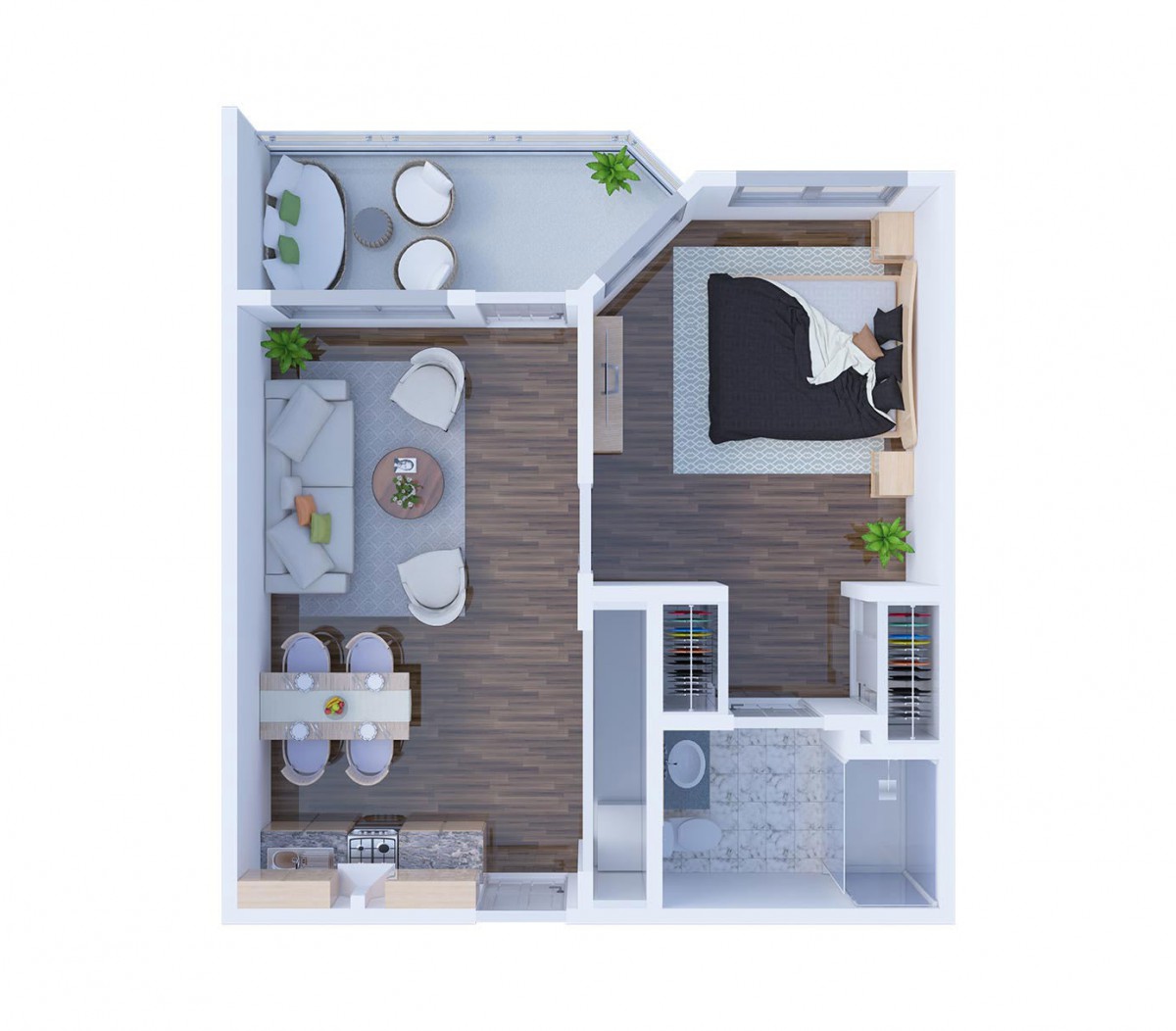 A 3D floor plan of a modern apartment, featuring an open living and dining area, a bedroom, and a bathroom.