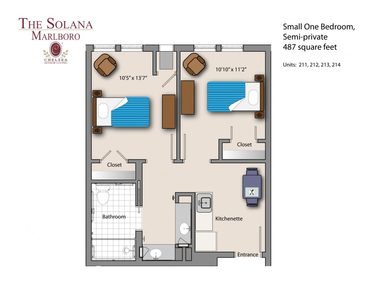 A floor plan of a small one-bedroom apartment with semi-private rooms, featuring a living area, bedroom, and bathroom.