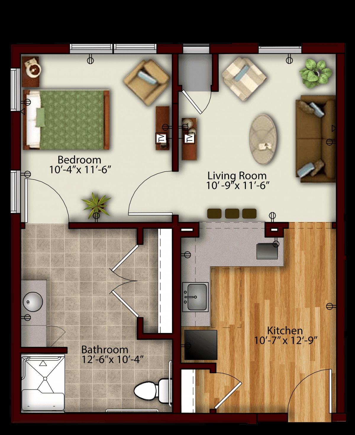 A detailed floor plan of an apartment showing the layout and dimensions of a bedroom, living room, kitchen, and bathroom.