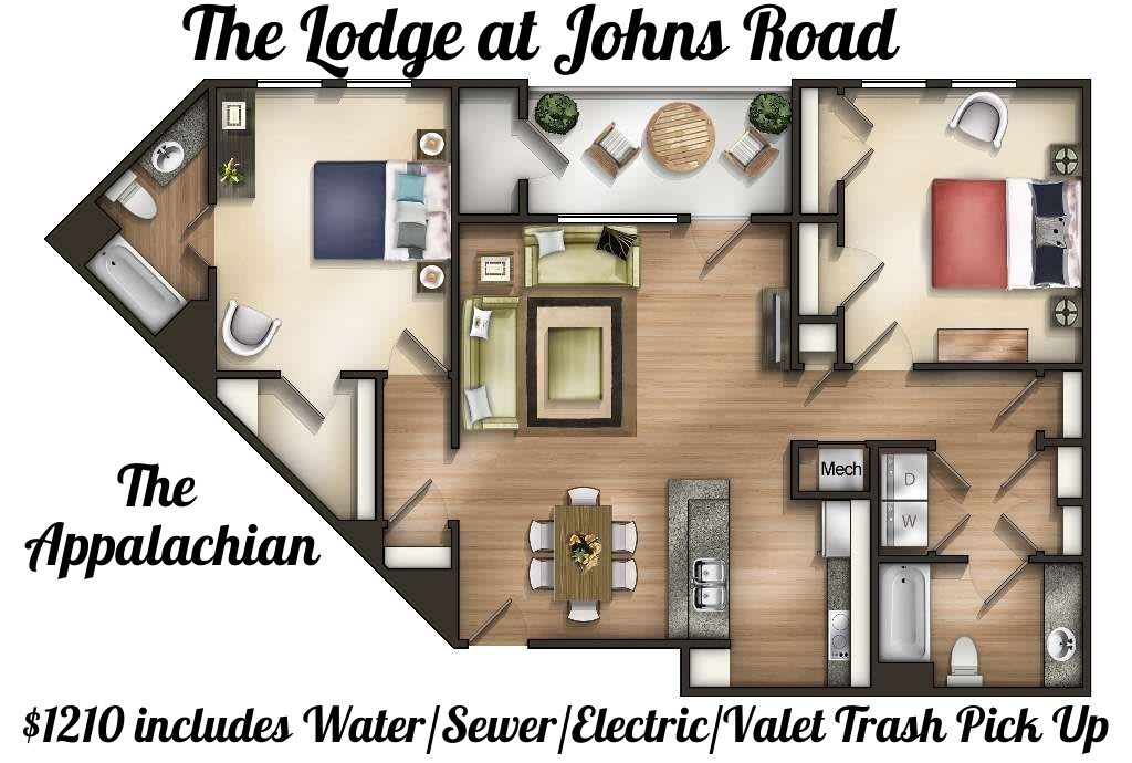 Floor plan of a residential apartment at The Lodge at Johns Road, including utility details.