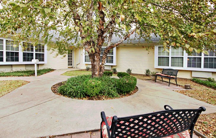 A tranquil courtyard featuring a central tree surrounded by a circular pathway and benches.