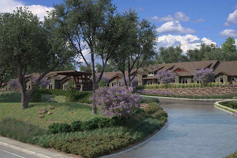 A tranquil landscape featuring a gently flowing river bordered by lush greenery and blooming flowers.