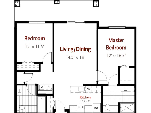 Floor plan of an apartment featuring two bedrooms, a living/dining area, and a kitchen.