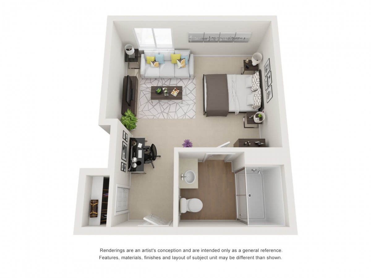 A 3D floor plan of a compact apartment featuring a bedroom, living area, kitchen, and bathroom.