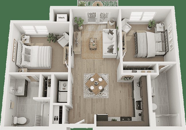 A top-view floor plan of a modern apartment with two bedrooms, a living room, kitchen, and dining area.