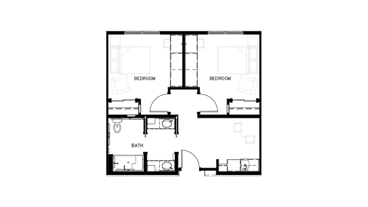A simple architectural floor plan showing a two-bedroom layout with a shared bathroom and kitchen area.