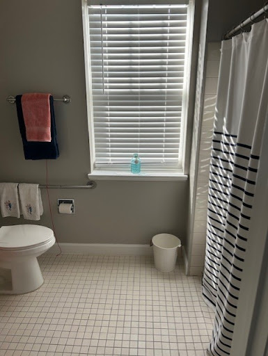 A bright and modern bathroom featuring a shower curtain, towels, and a window.