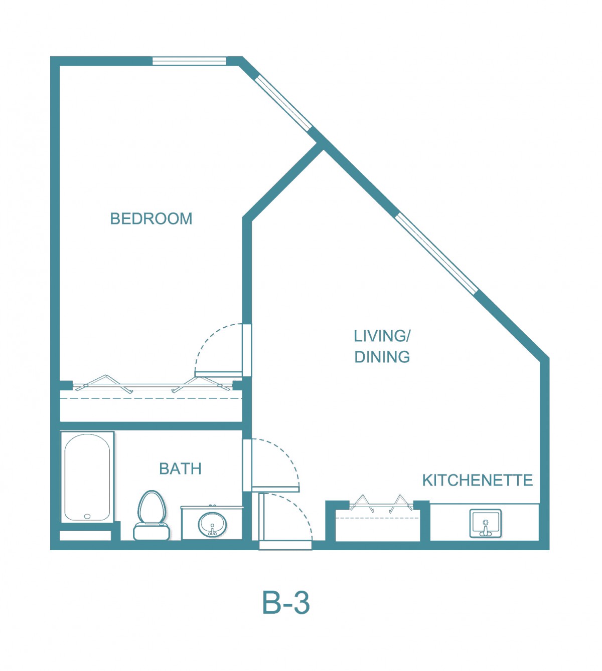 Floor plan of an apartment labeled B-3, featuring a bedroom, bathroom, living/dining area, and kitchenette.