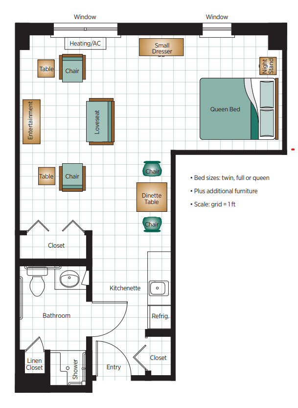 A floor plan of a one-bedroom apartment featuring a living room, kitchen, and bathroom.
