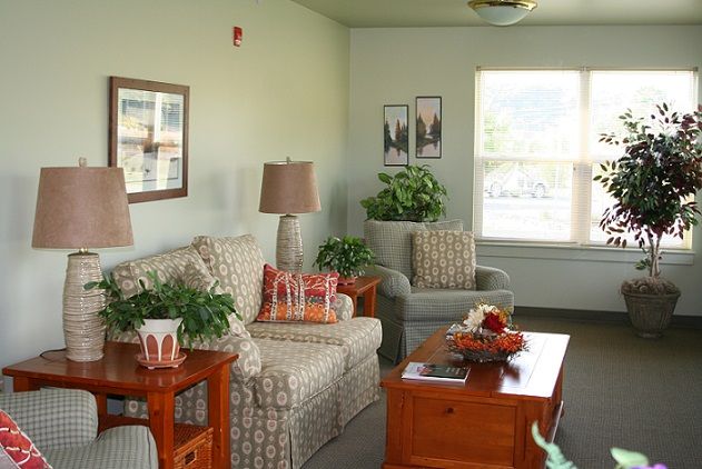 A cozy living room with patterned furniture, decorative plants, and warm lighting.
