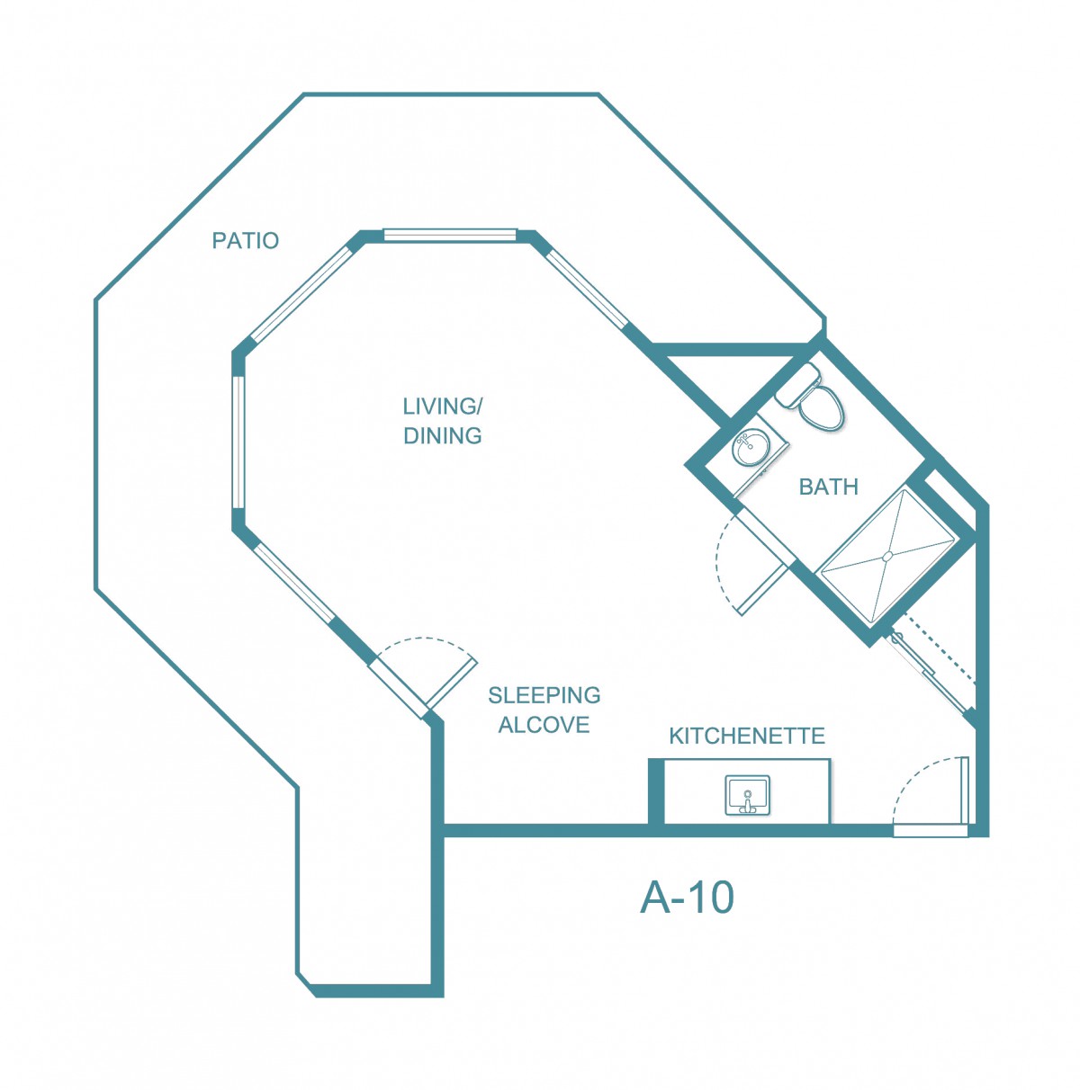 An architectural floor plan of a single-room apartment layout.