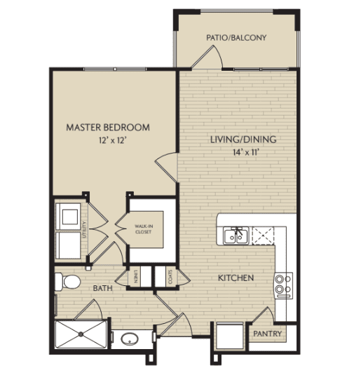 One-bedroom apartment floor plan with living room, kitchen, bathroom, and balcony.