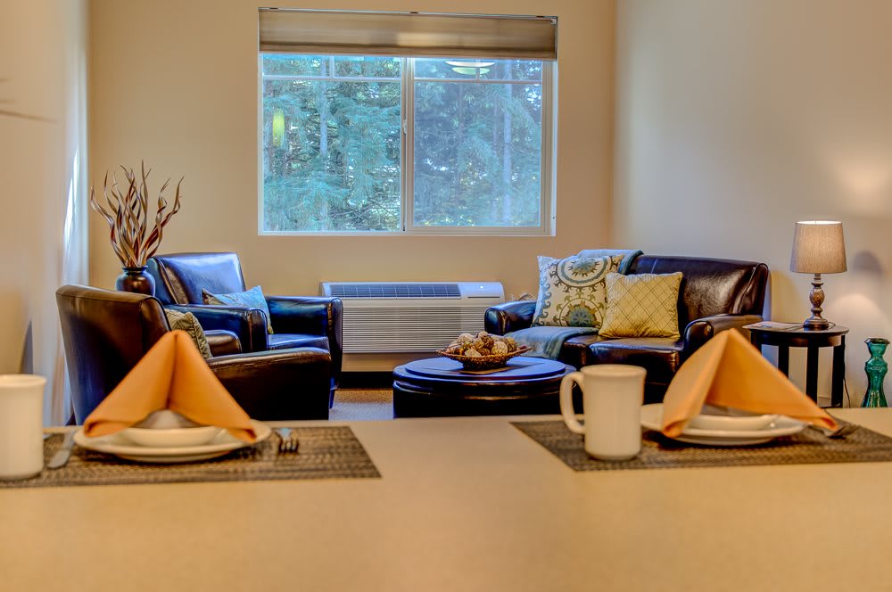 A cozy living room featuring a comfortable seating arrangement with decorative pillows and a table set for two.