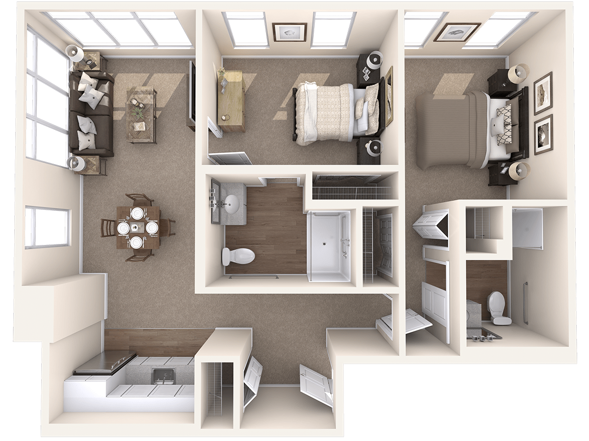 A 3D floor plan of an apartment featuring two bedrooms, a living room, kitchen, and bathrooms.