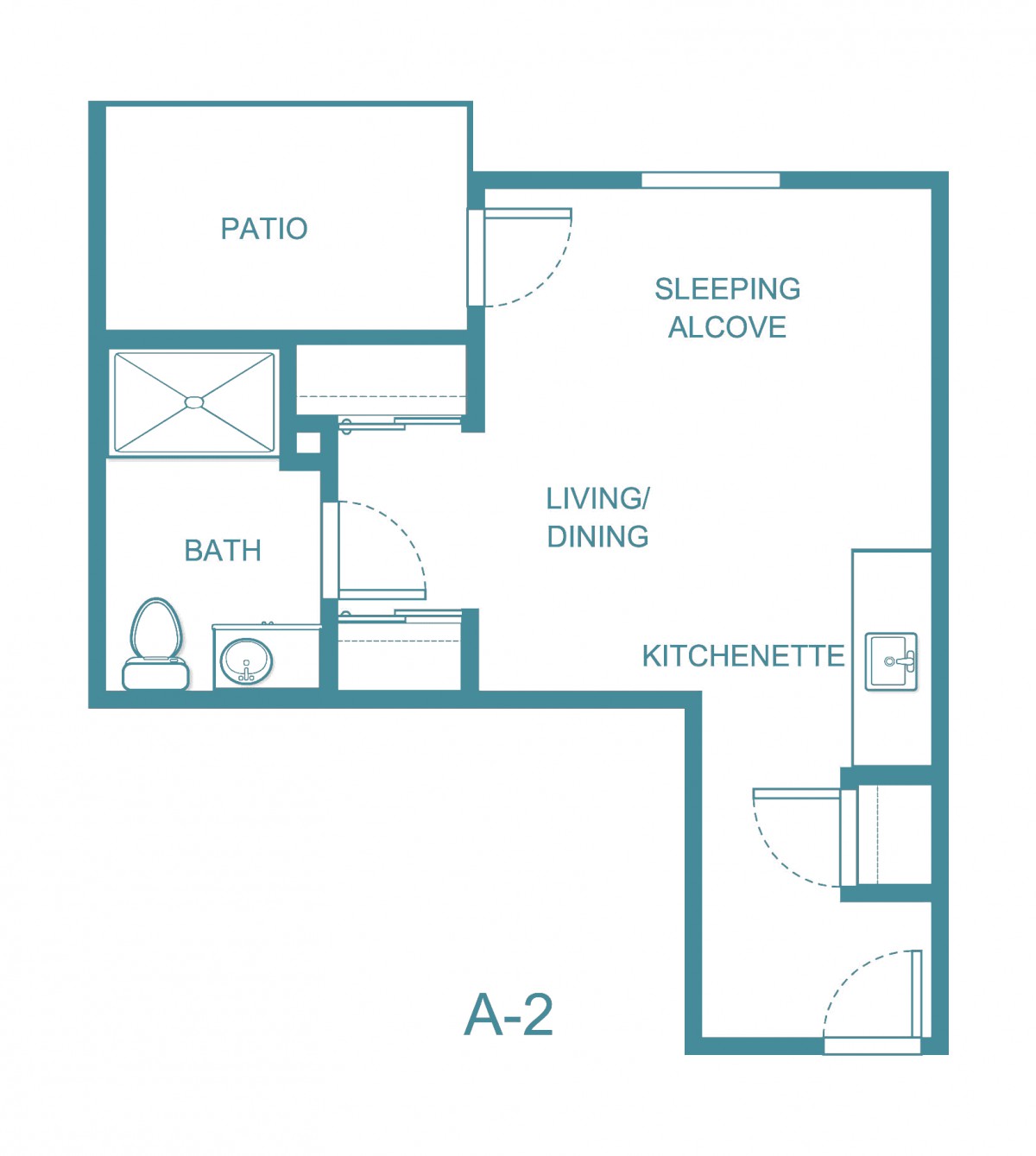 Studio apartment floor plan with a sleeping alcove, kitchenette, living/dining area, bath, and patio.