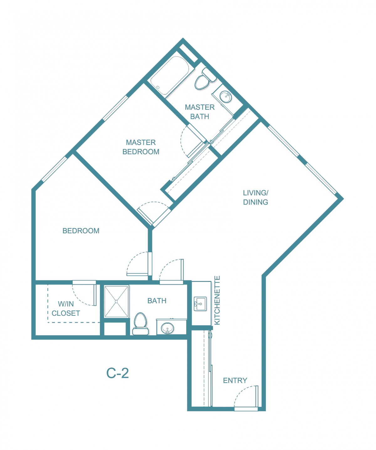A floor plan of a two-bedroom apartment featuring a master bedroom with an en-suite bathroom, an additional bedroom, a common bathroom, and a living area.