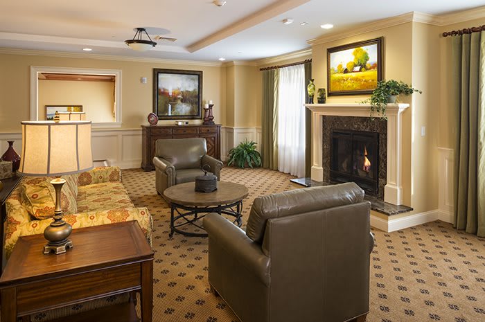 A cozy living room with a fireplace and comfortable seating.