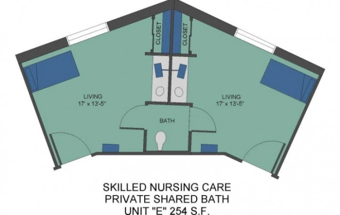 Floor plan of a skilled nursing care unit with a private shared bath.