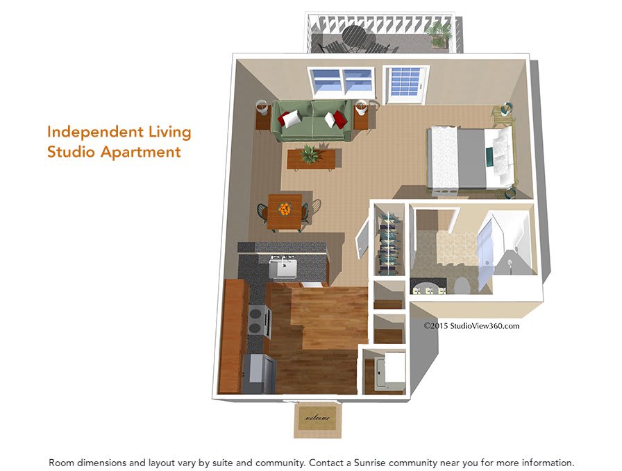 A 3D floor plan of a one-bedroom independent living apartment, showcasing the layout and interior design.