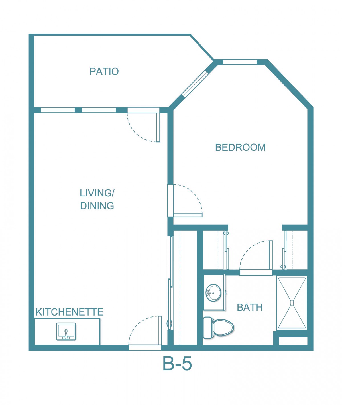 A floor plan of a one-bedroom apartment featuring a kitchenette, living/dining area, bathroom, and patio.