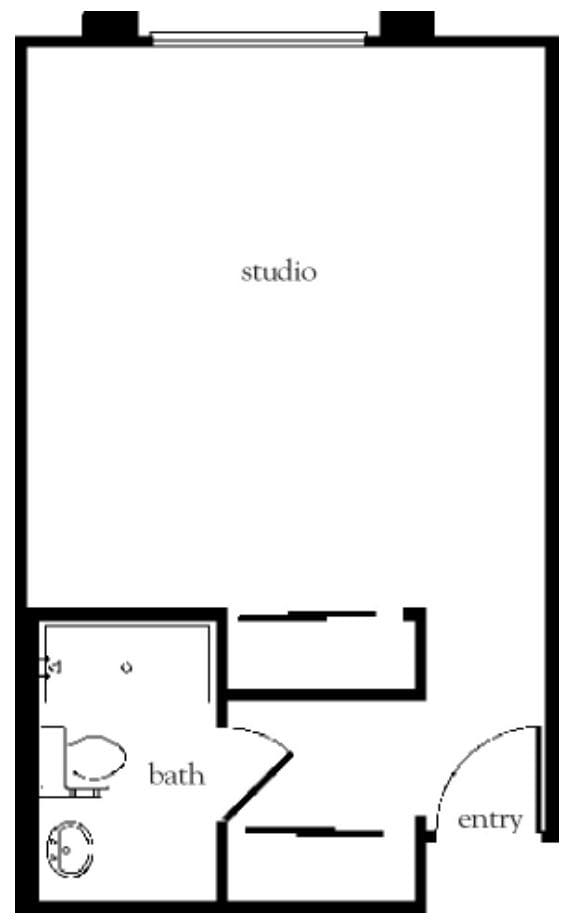 A floor plan of a studio apartment showing the layout and design.