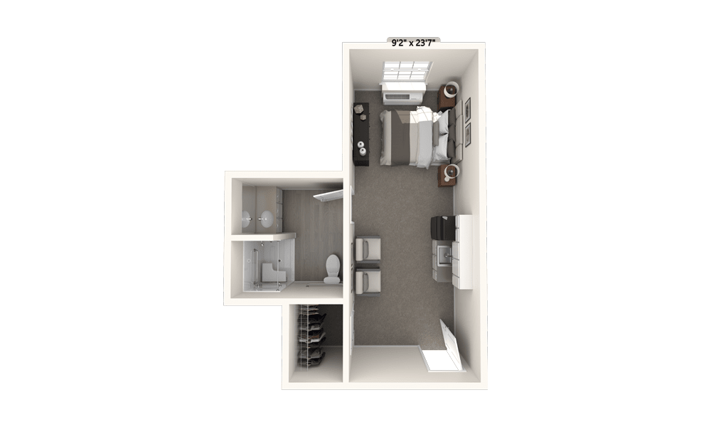 A compact studio apartment floor plan showcasing a combined living and sleeping area, a kitchen, and a bathroom.