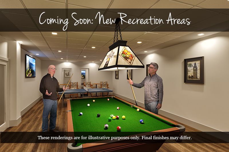 A digital rendering of a recreation area featuring a pool table, showcasing upcoming interior design plans.