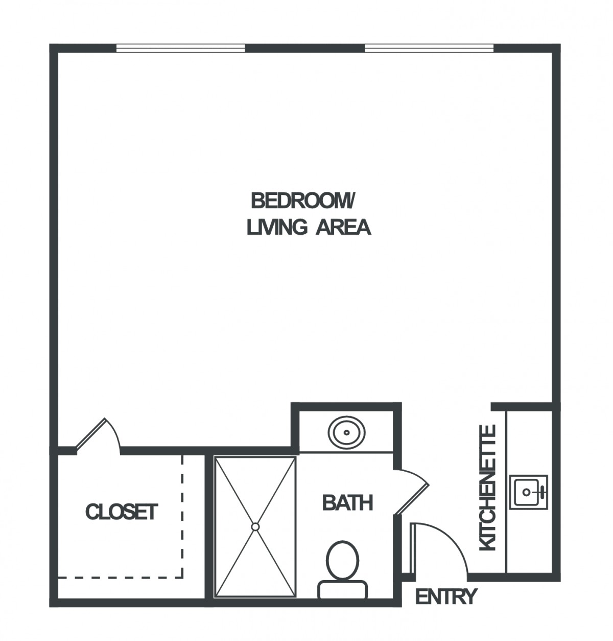 Studio apartment floor plan with a combined bedroom and living area, closet, bathroom, entryway, and kitchenette.