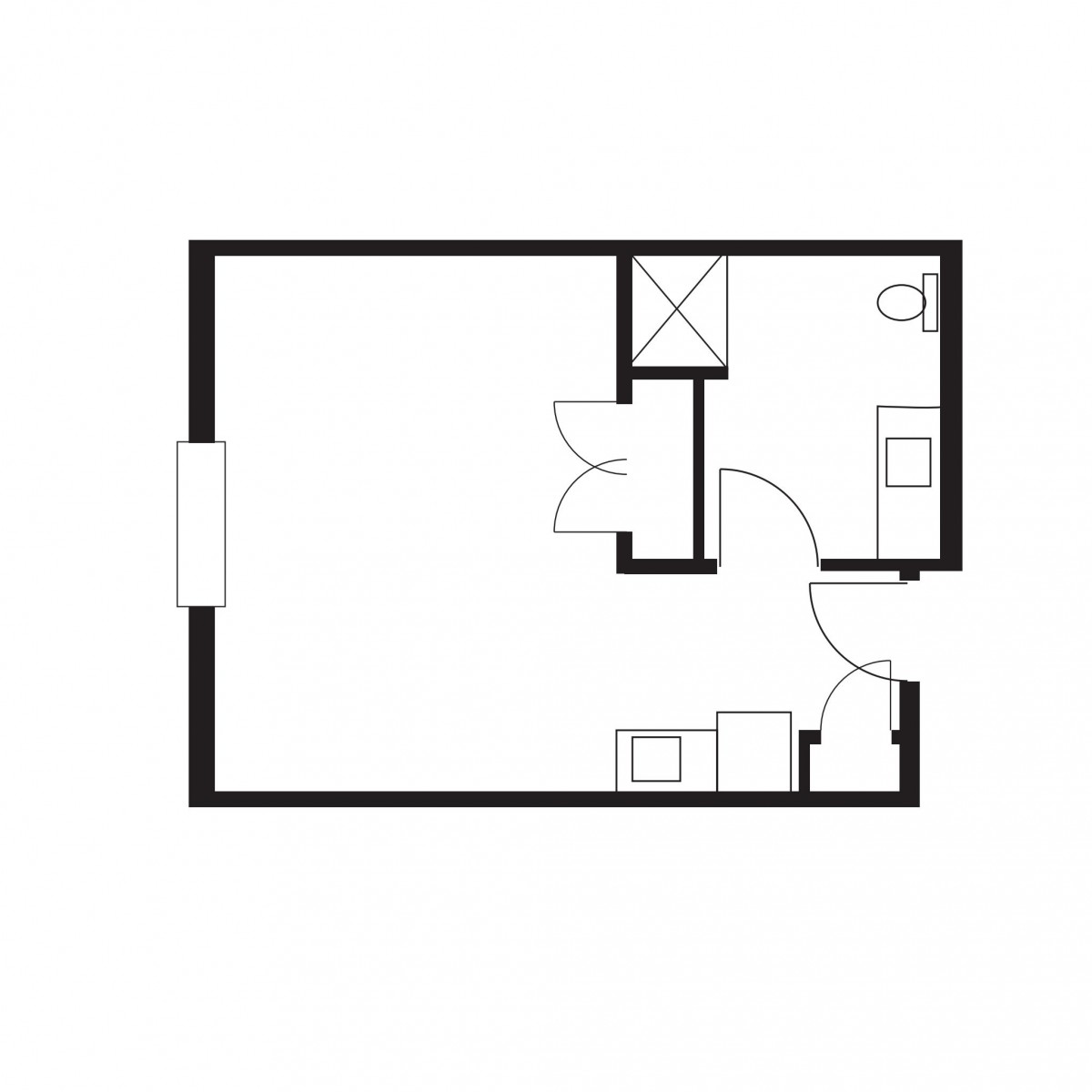 A simple architectural floor plan showing the layout of a small apartment or room with designated spaces for living, kitchen, and bathroom areas.