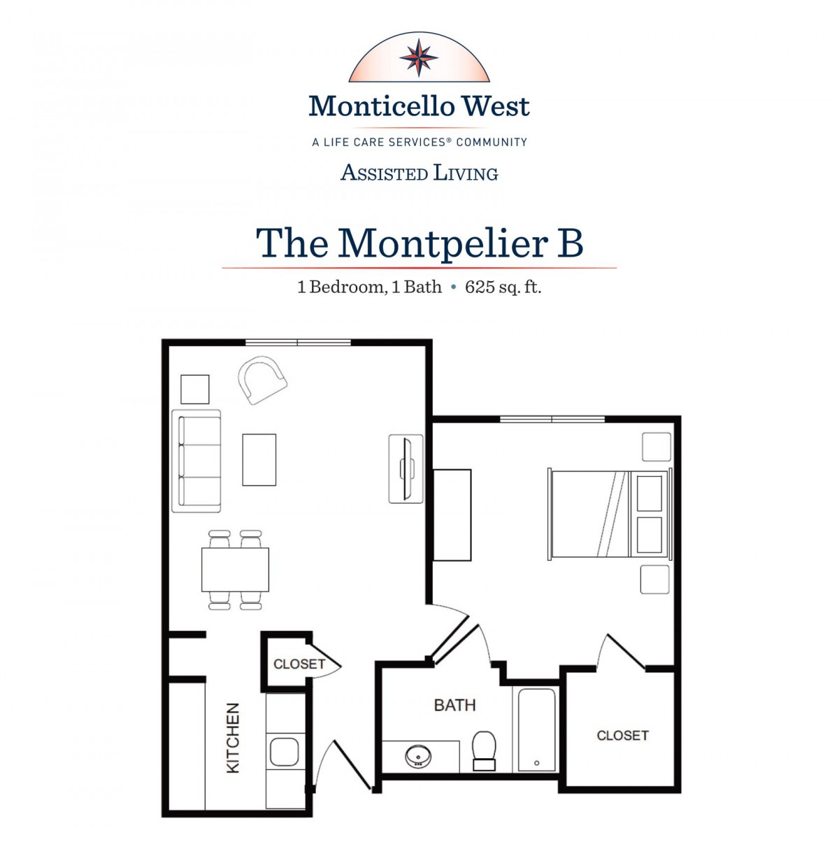 The Montpelier B floor plan for a one-bedroom apartment at Monticello West.