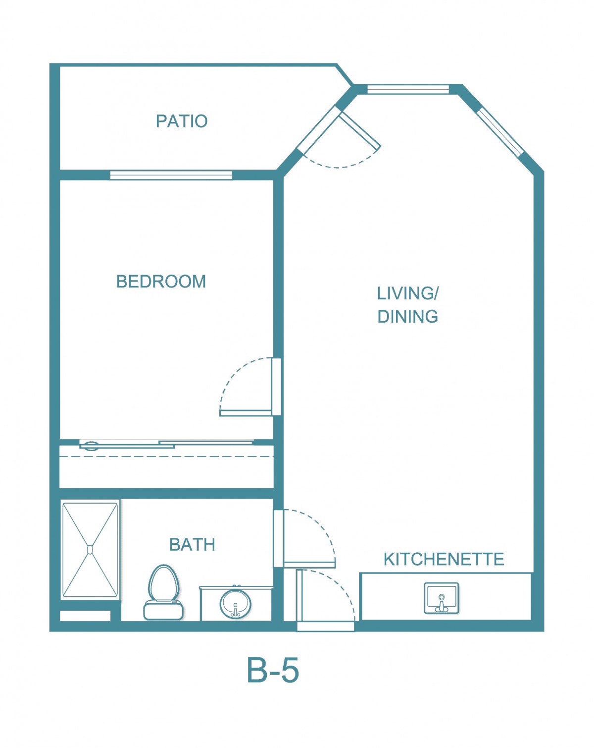 A floor plan of a small apartment with a bedroom, patio, living/dining area, kitchenette, and bathroom.