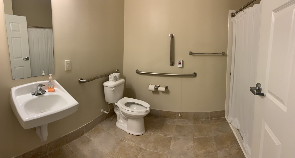 An accessible bathroom with a toilet and grab bars on the walls.