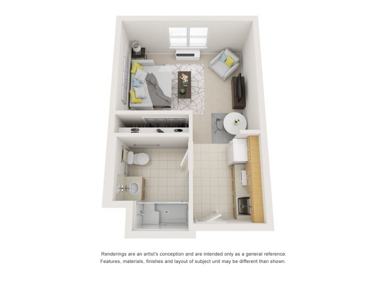 A 3D rendering of a compact one-bedroom apartment layout featuring a cozy living area, kitchenette, bathroom, and sleeping space.