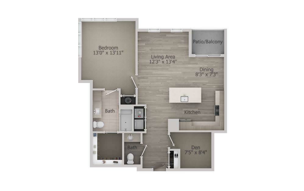 This is a floor plan of a one-bedroom apartment showcasing the layout of the living space, kitchen, and other rooms.