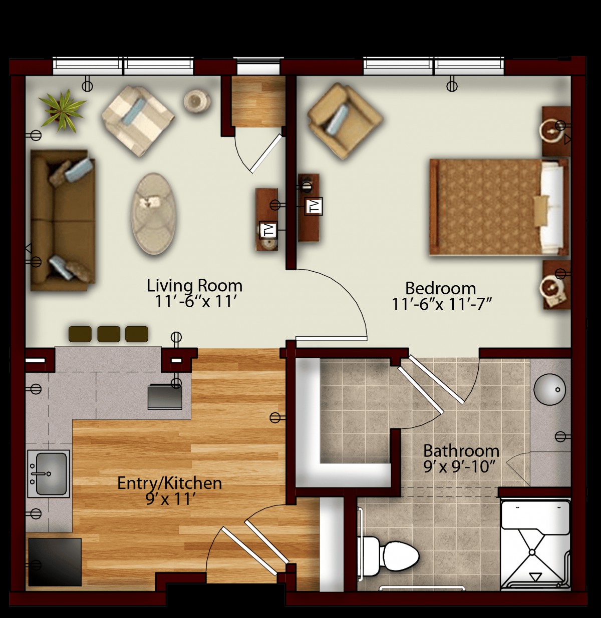 A detailed floor plan of a small apartment featuring a living room, bedroom, kitchen, and bathroom.