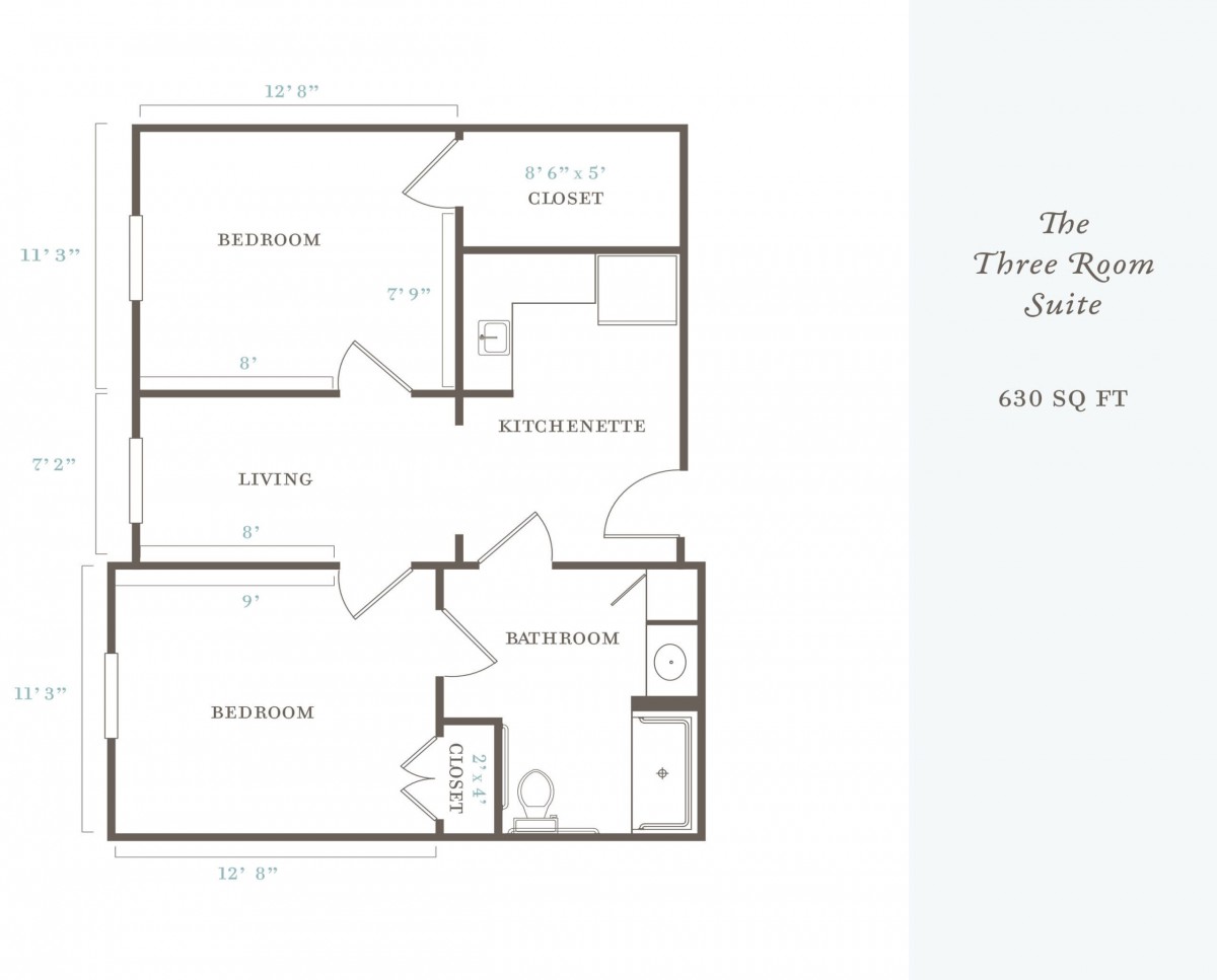 A floor plan of a two-bedroom apartment with designated living, kitchen, and bathroom areas.