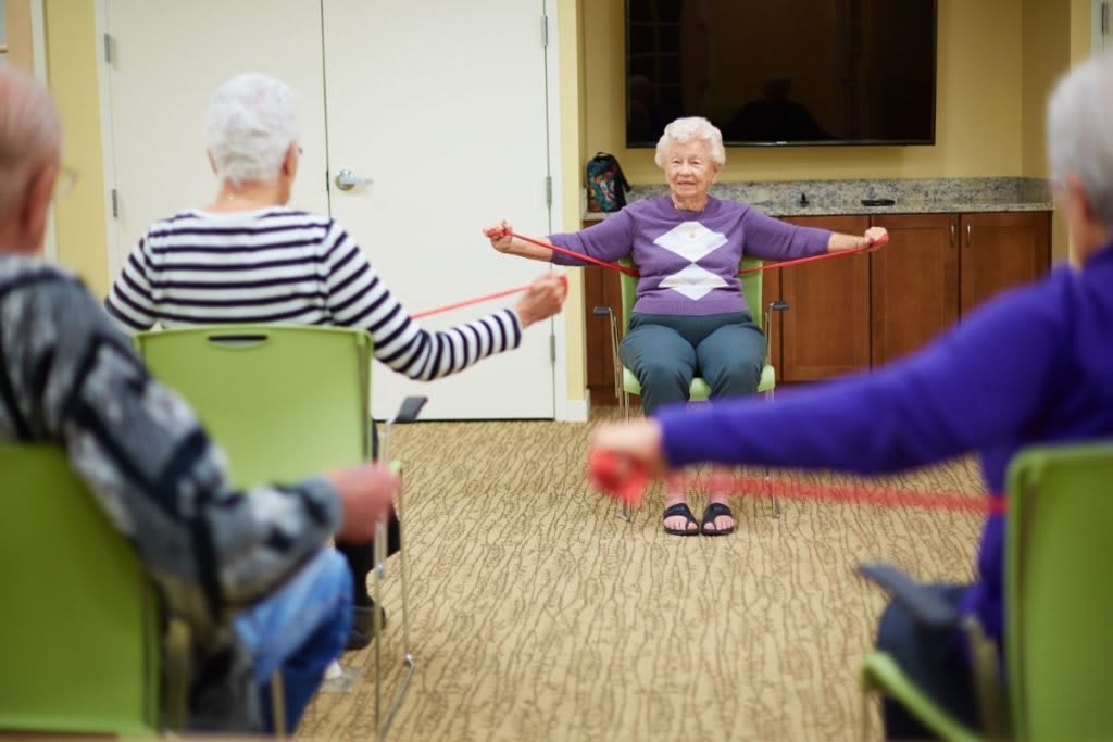 A group of seniors participating in a resistance band exercise session indoors.